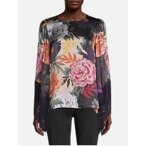 KOBI HALPERIN | Floral Silk Blouse with Long Fringe Bell Sleeves | Large